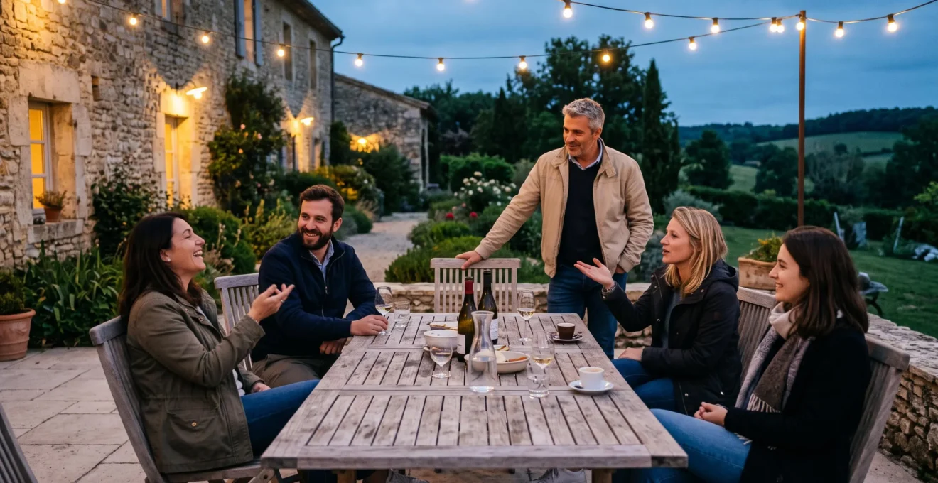 Cinq collaborateurs poursuivent une conversation informelle autour d'une table en bois sur la terrasse éclairée d'un domaine de séminaire à la tombée de la nuit.