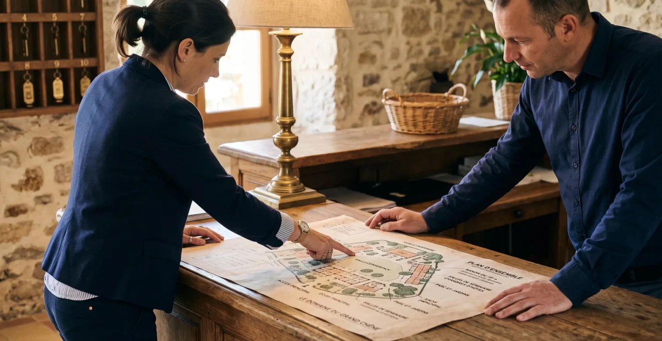 Une collaboratrice et un coordinateur examinent ensemble le plan d'un site unique de séminaire posé sur un bureau d'accueil en bois.