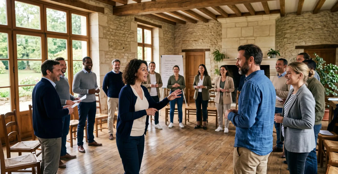 Un groupe de collaborateurs participe à un exercice collectif dans une salle de séminaire aux murs de pierre au sein d'un domaine résidentiel en France.