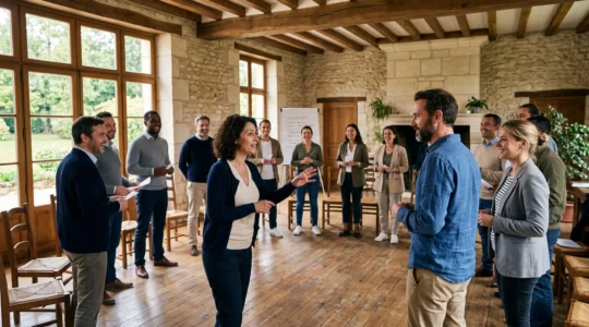 Un groupe de collaborateurs participe à un exercice collectif dans une salle de séminaire aux murs de pierre au sein d'un domaine résidentiel en France.