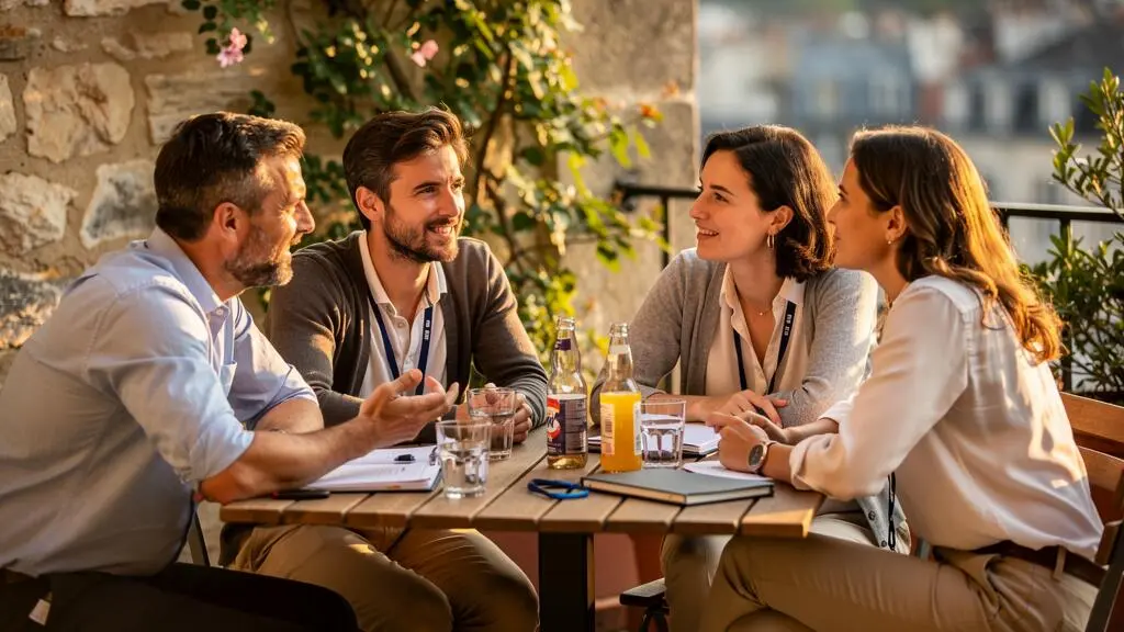 Quatre collègues discutent autour d'une table sur une terrasse après une journée d'activité.