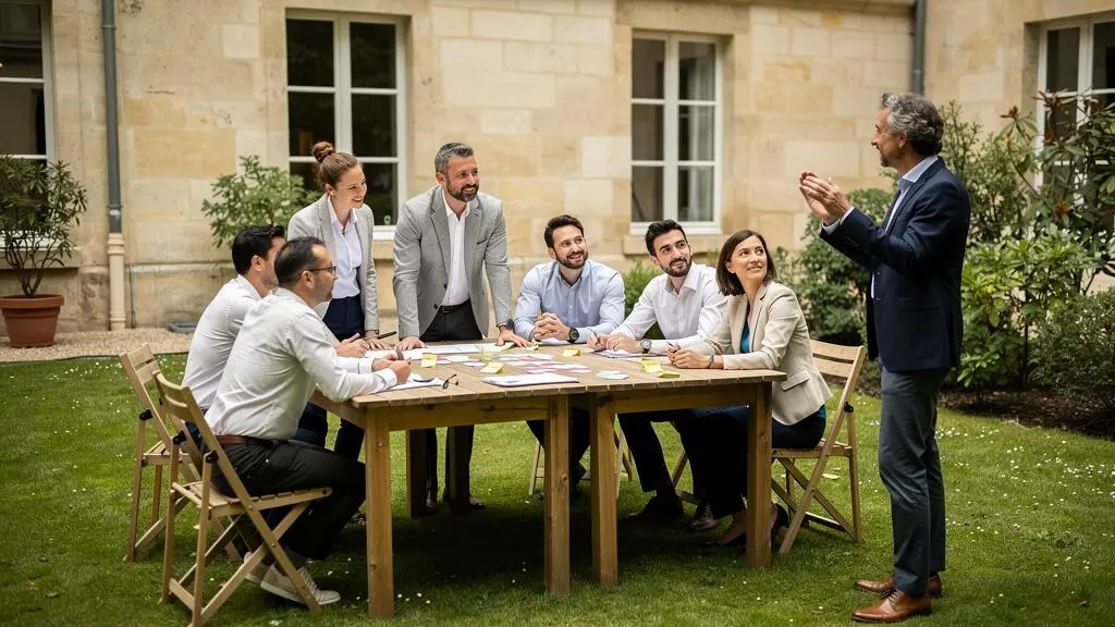Une équipe de collègues participe à un atelier de team building dans le jardin d'un lieu de séminaire.