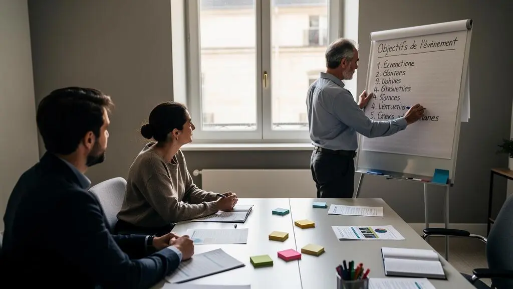 Une organisatrice écrit les objectifs d'un team building sur un tableau blanc avec ses collègues.